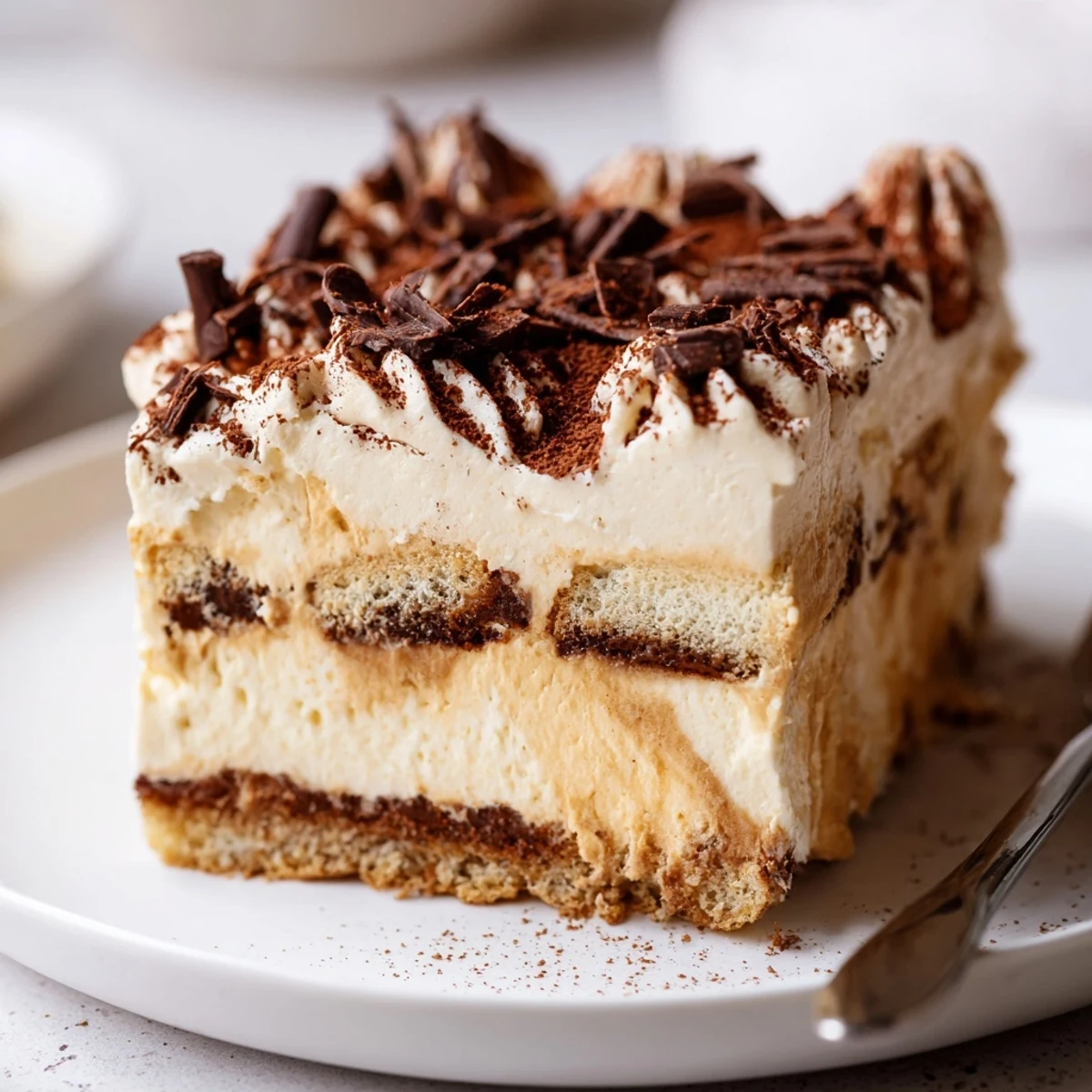 Decadent Creamy Coffee Infused Tiramisu Cheesecake slice with cocoa dusted whipped cream  