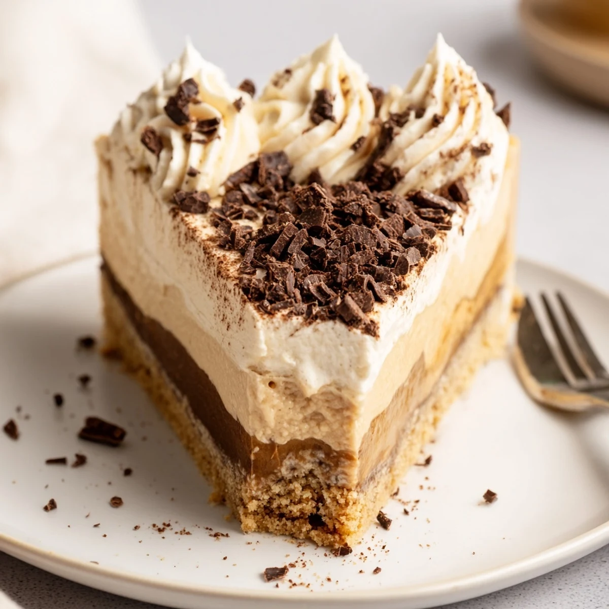 Decadent Creamy Coffee Infused Tiramisu Cheesecake cross-section reveals creamy mascarpone and crunchy cookie base  
