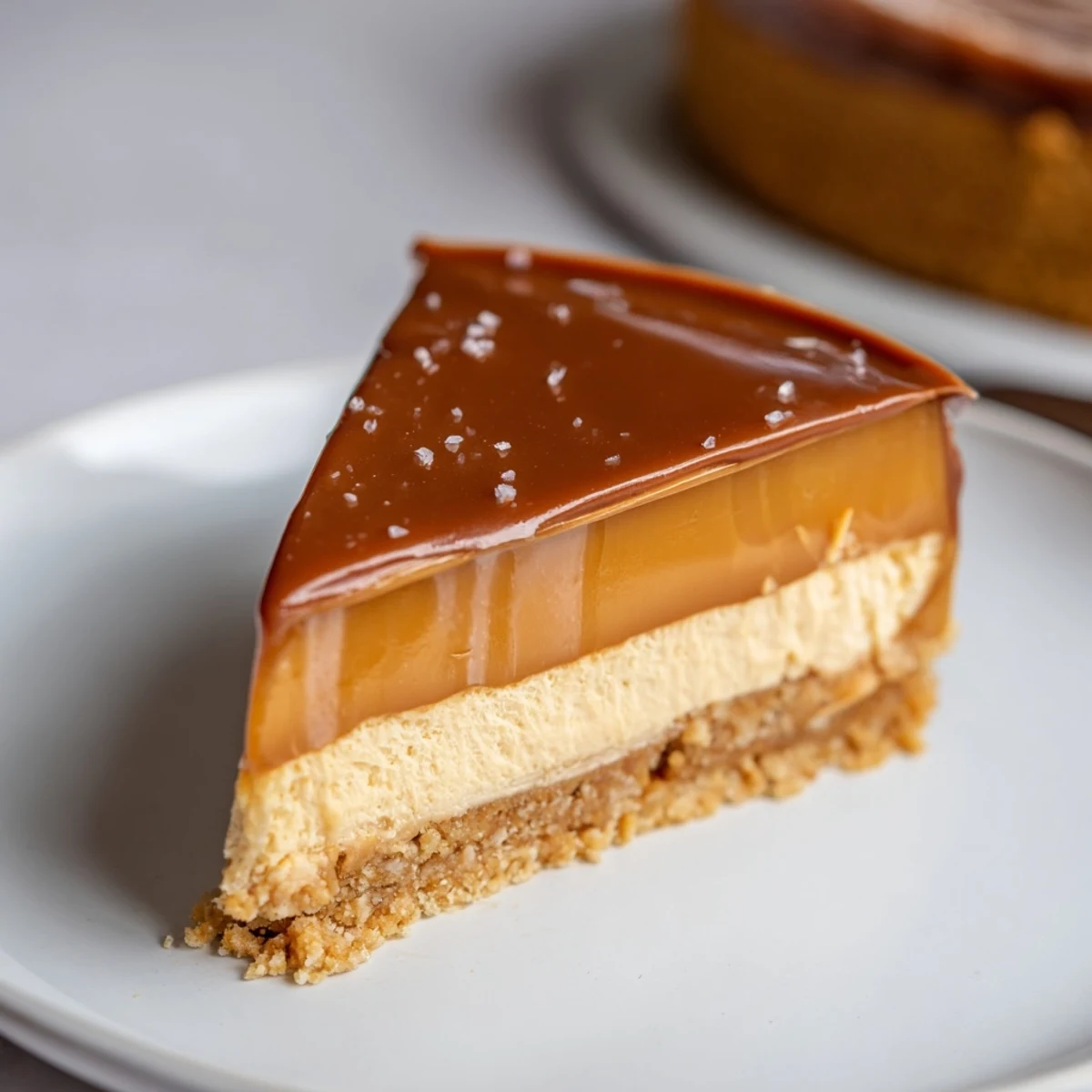 Fork ready slice of Luxurious Millionaire Cheesecake revealing creamy filling and biscuit base