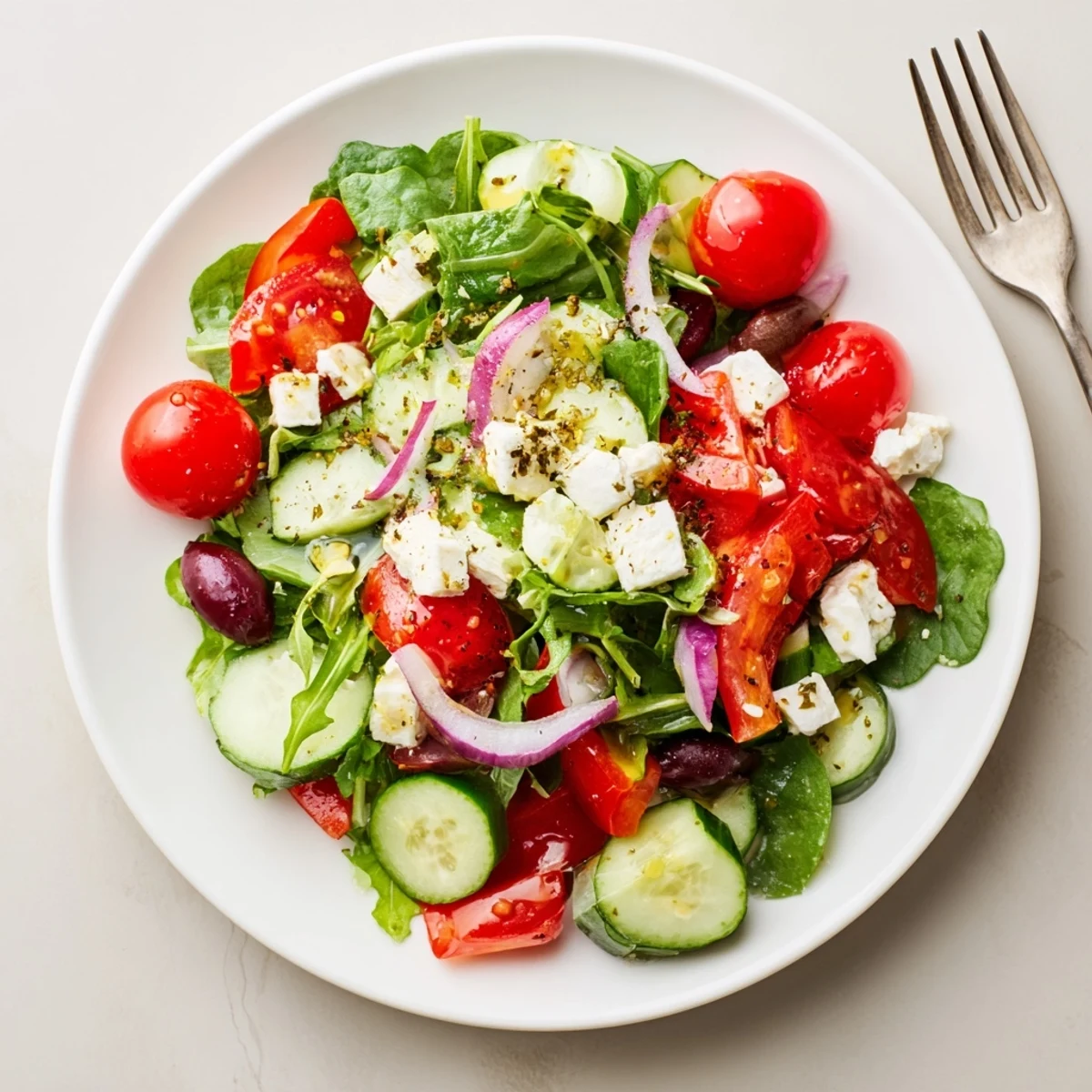 Fresh Salad Recipe with crisp greens, juicy tomatoes, and zesty lemon dressing.