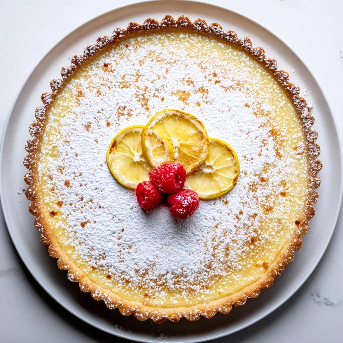 Creamy Lemon Tart Recipe on a golden crust dusted with powdered sugar