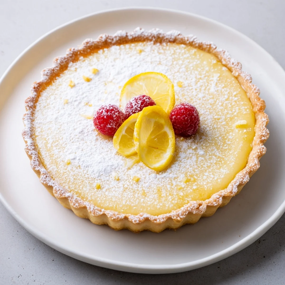 A slice of Creamy Lemon Tart Recipe garnished with fresh berries, silky filling