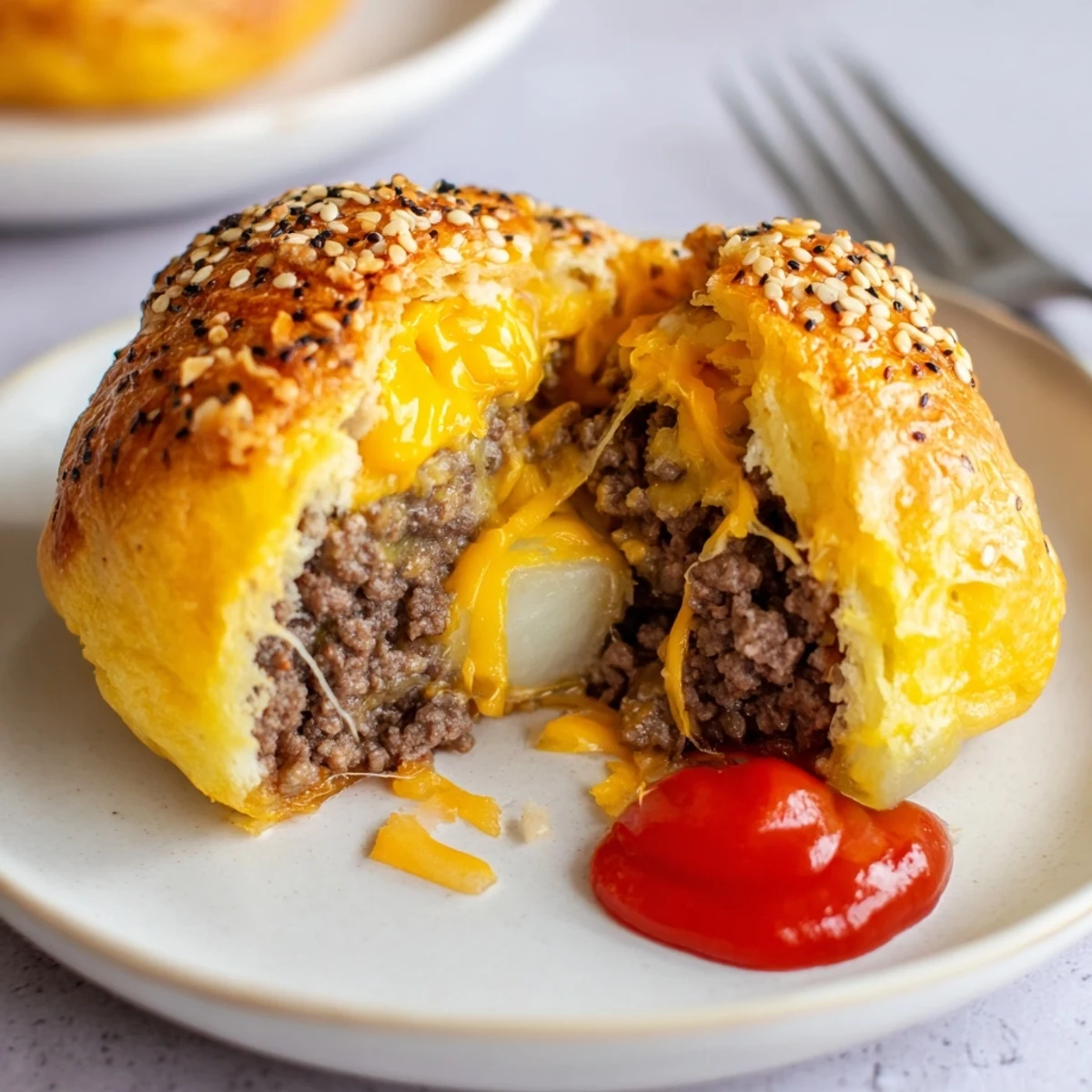 Close-up of Cheesy Cheeseburger Bombs bursting with beef, melted cheddar, biscuit crust