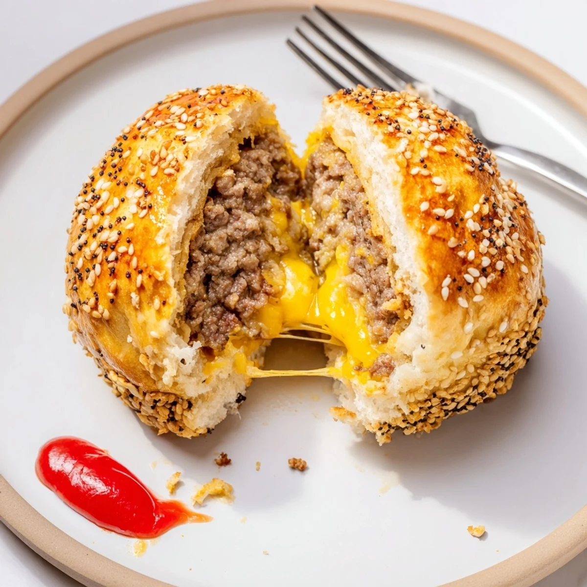 Golden baked Cheesy Cheeseburger Bombs with oozing cheese, sesame-topped, ready to dip