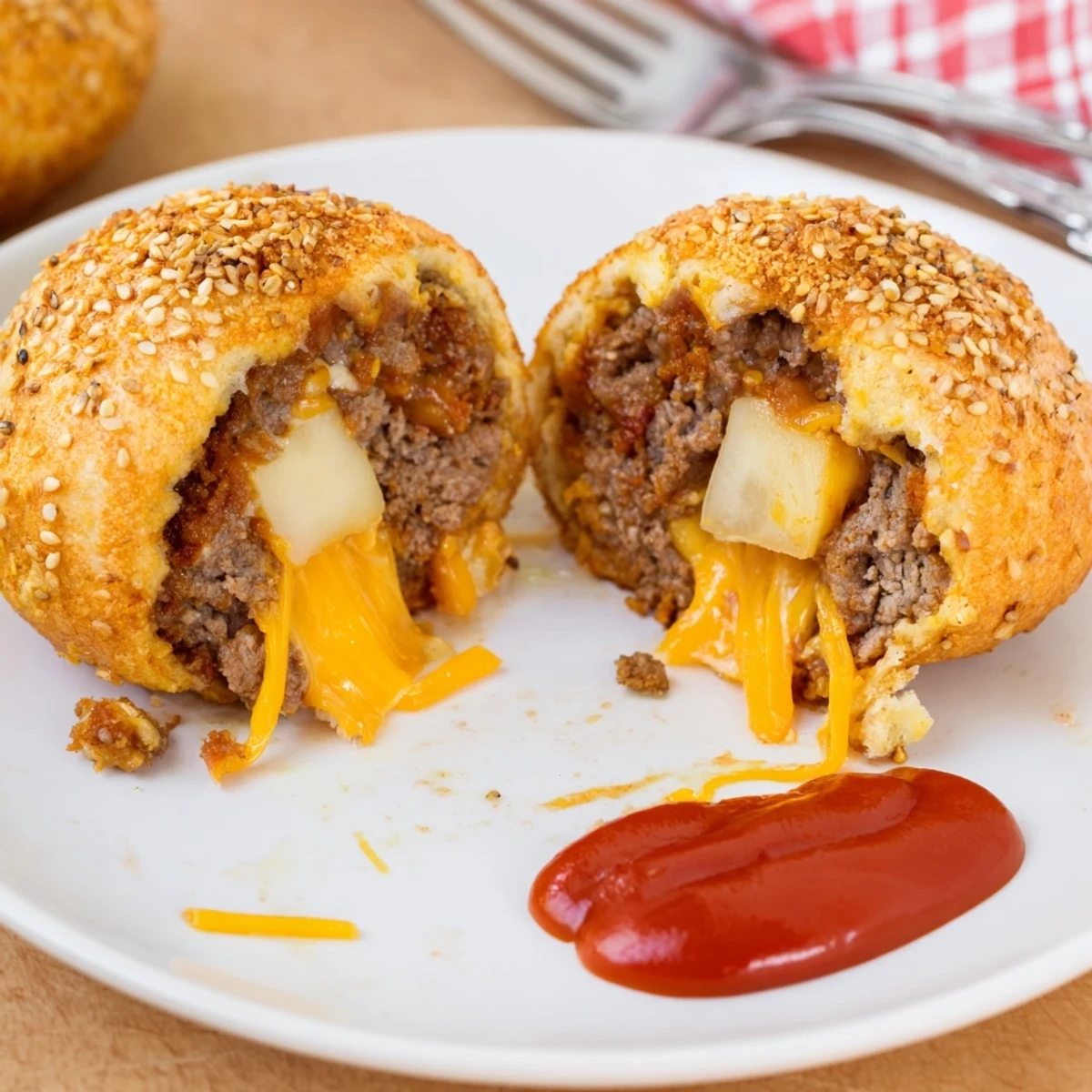 Party platter of Cheesy Cheeseburger Bombs served warm with ketchup and mustard
