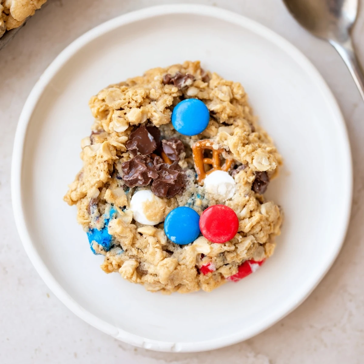 Chewy, colorful Patriotic Monster Cookies Recipe with peanut butter aroma, cooling rack.