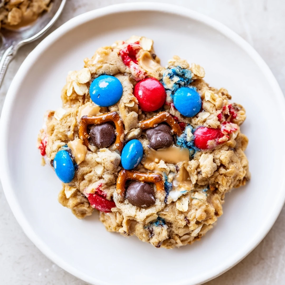 A golden-edged Patriotic Monster Cookies Recipe piled on picnic plate, festive.