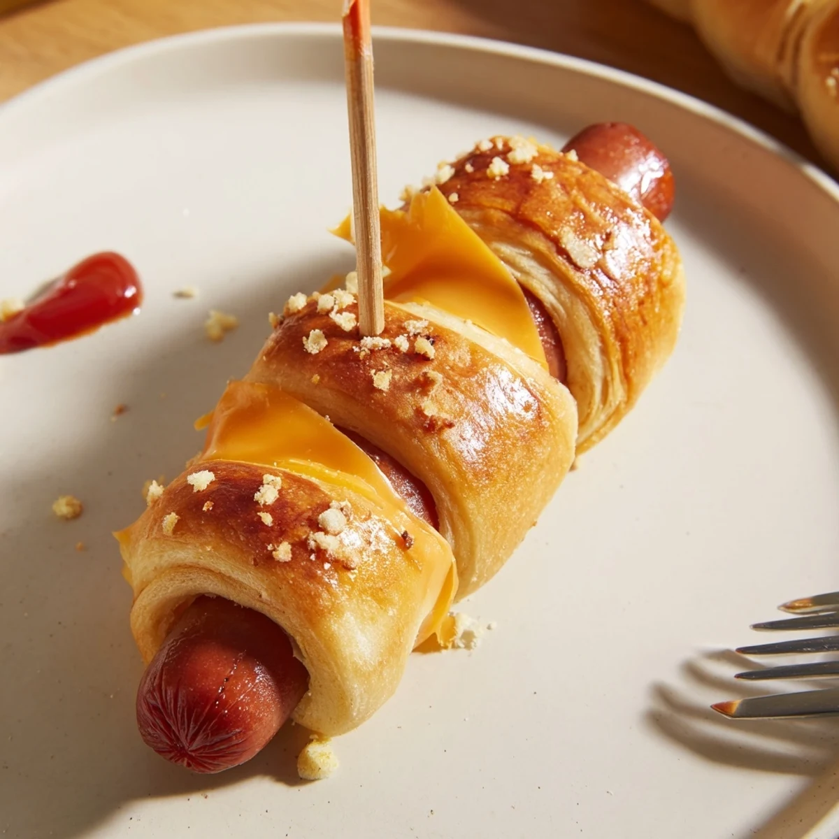 Baked Firecracker Hot Dogs Recipe threaded on skewers, crispy dough, tangy mustard.