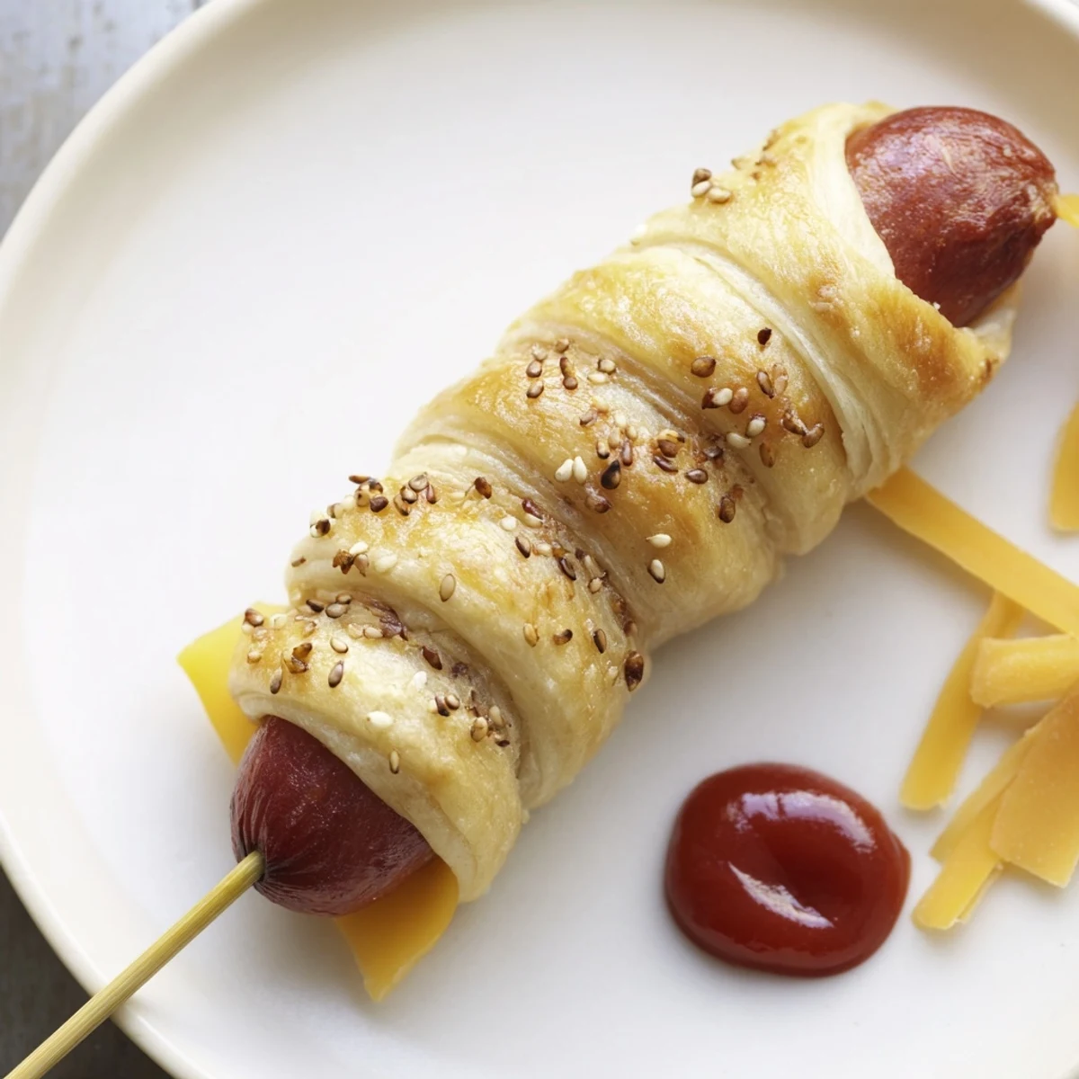 Kids-friendly Firecracker Hot Dogs Recipe spiraled in crescent dough, served with ketchup.