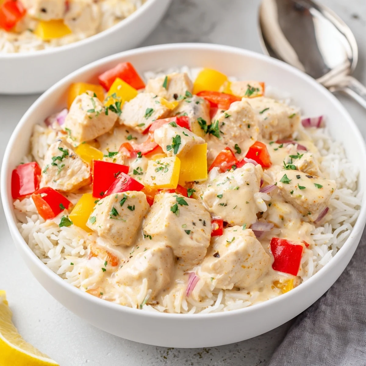 Creamy Cajun Chicken Rice Bowls with tender chicken, vibrant peppers, and steaming rice