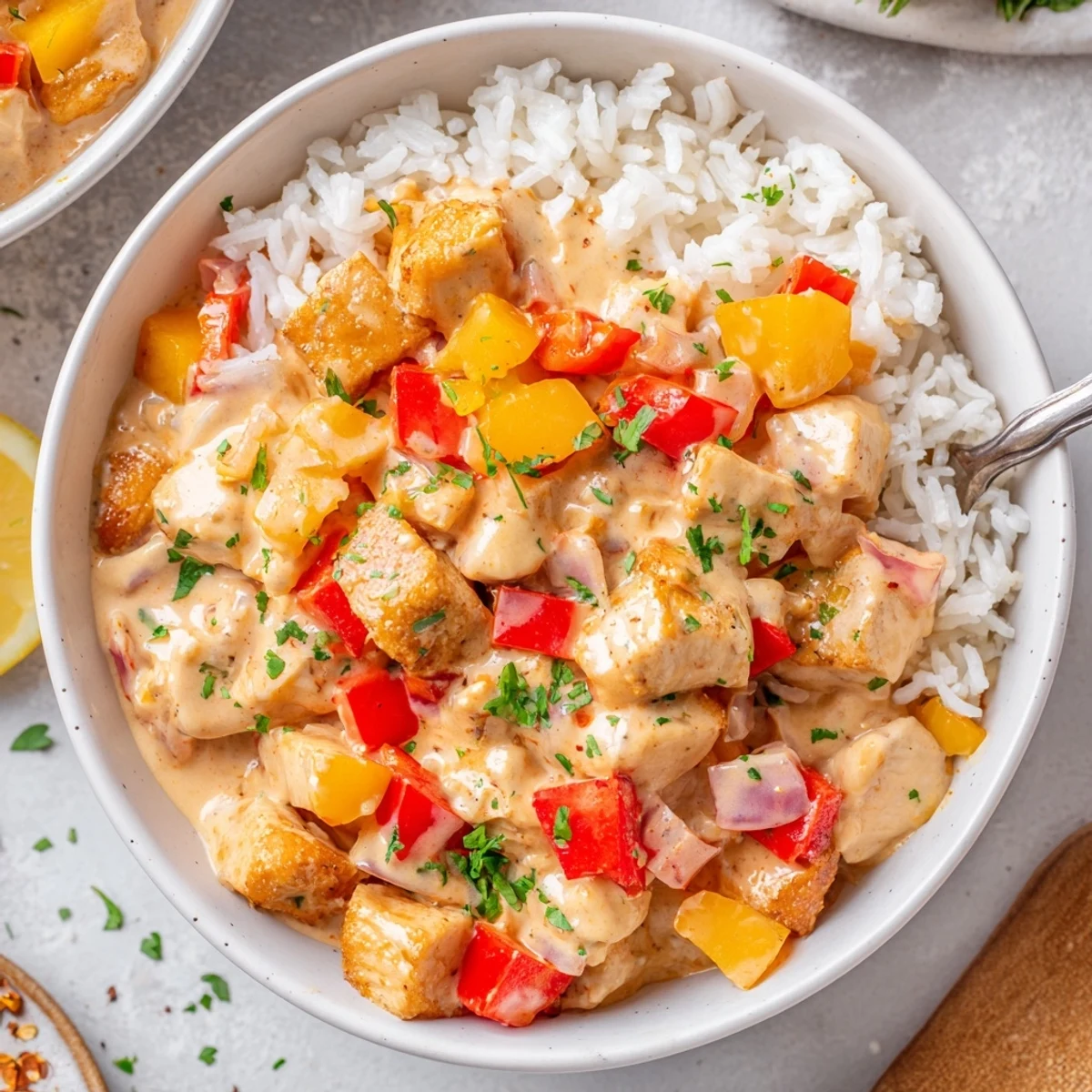 Spoon-ready Creamy Cajun Chicken Rice Bowls showcasing silky sauce over fluffy rice