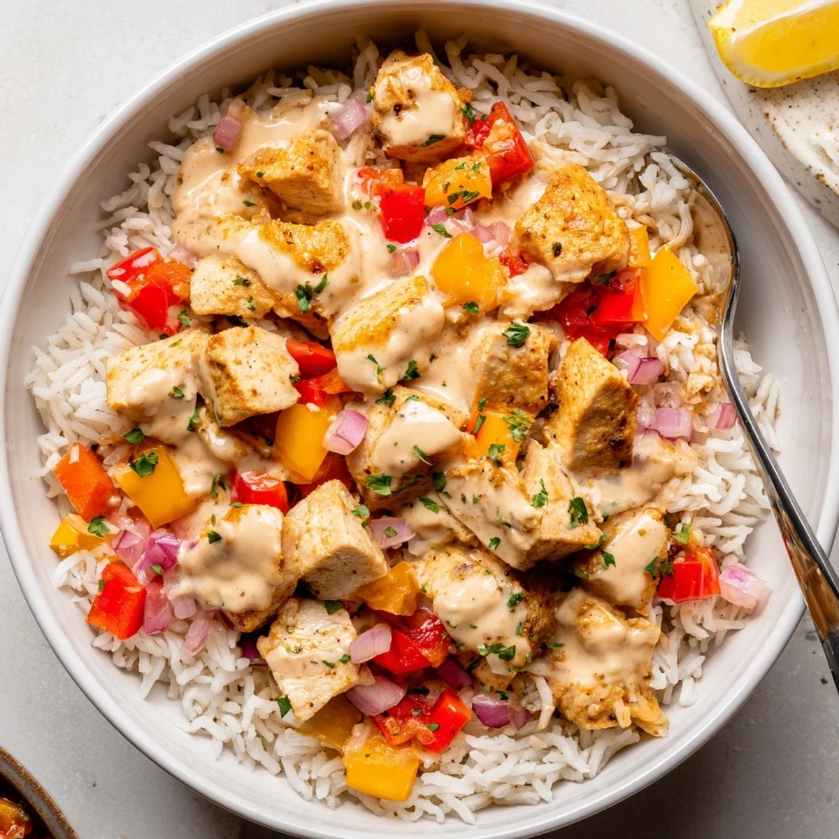 Warm Creamy Cajun Chicken Rice Bowls served with lemon wedges and parsley