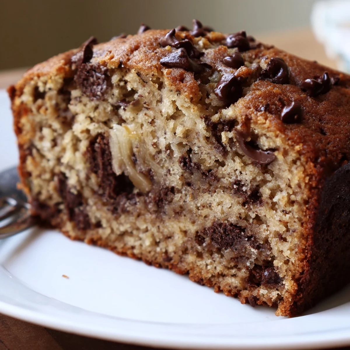 Warm Banana Chocolate Chip Cake Recipe slice, tender crumb and gooey chips  