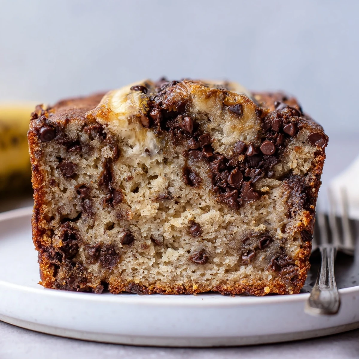 Banana Chocolate Chip Cake Recipe in the pan, golden top with melted chips  