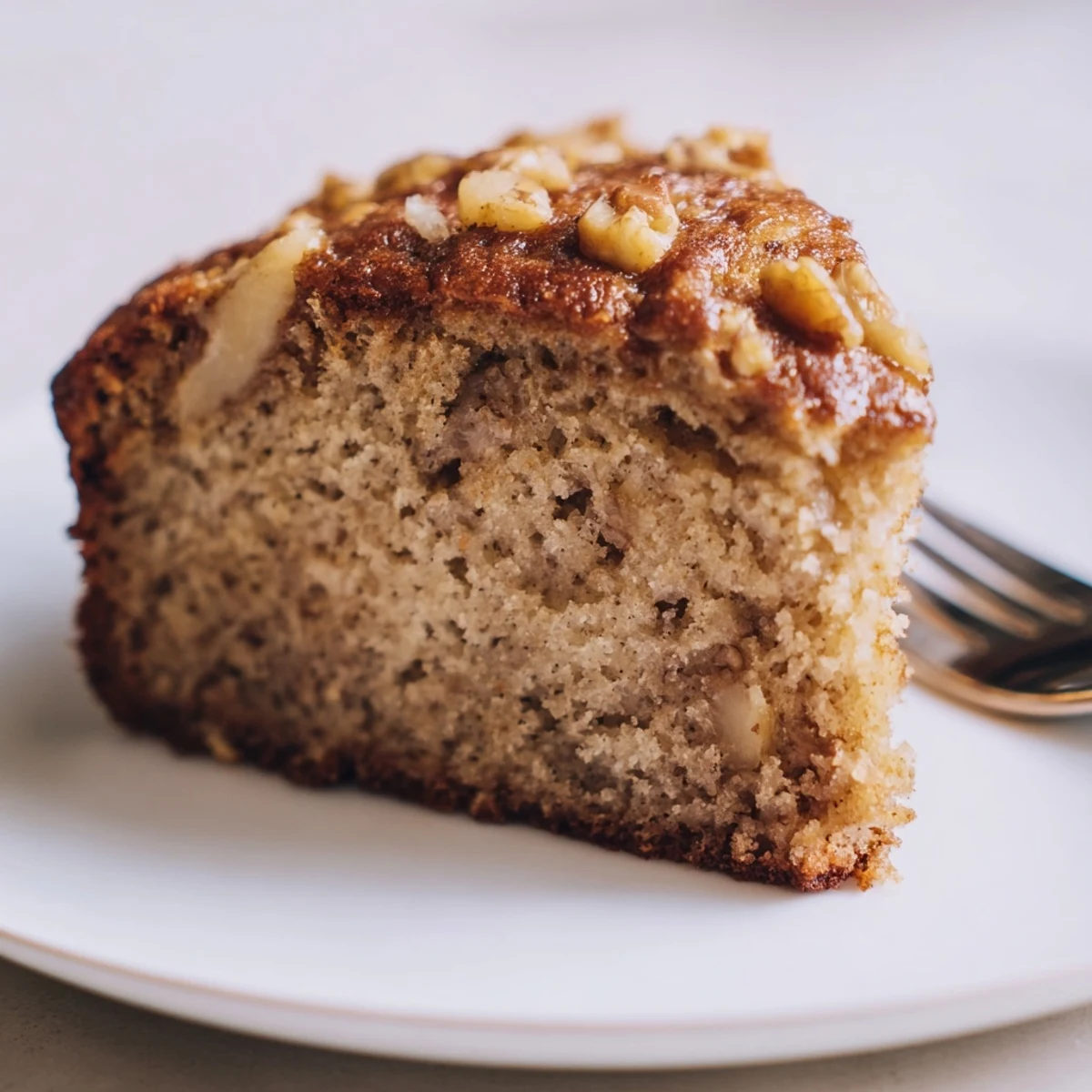 Sliced Banana Bread Cake steaming slightly, moist crumb and toasted walnut topping  