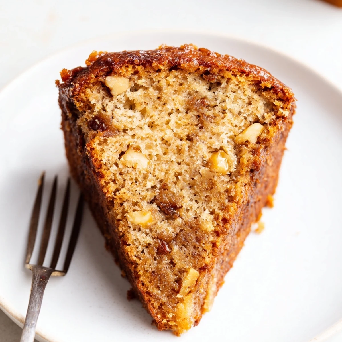 Thick slice of Banana Bread Cake drizzled with cream cheese frosting, served warm