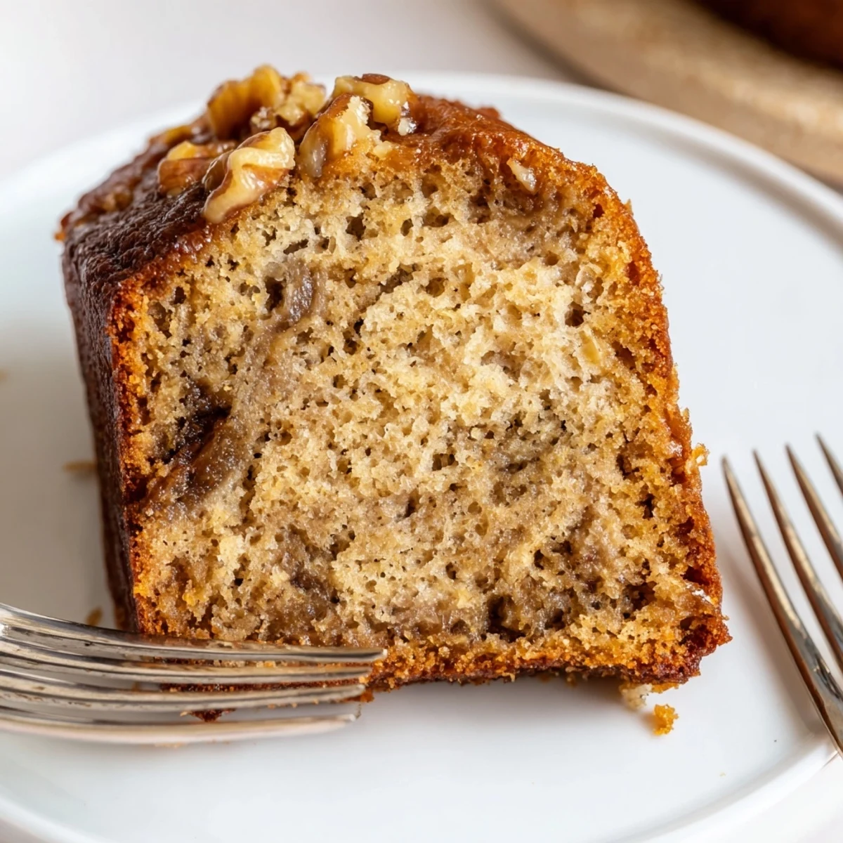 Warm Banana Bread Cake on wire rack, cinnamon aroma and fork nearby  