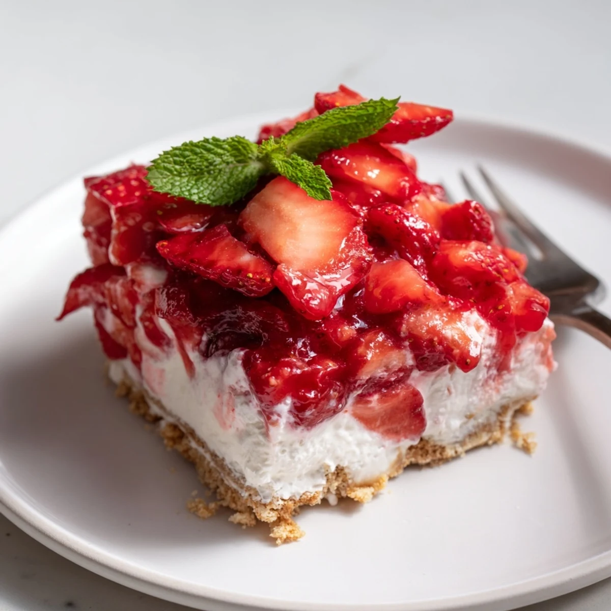Creamy No Bake Strawberry Shortcake Dessert layered in dish, chilled and garnished  