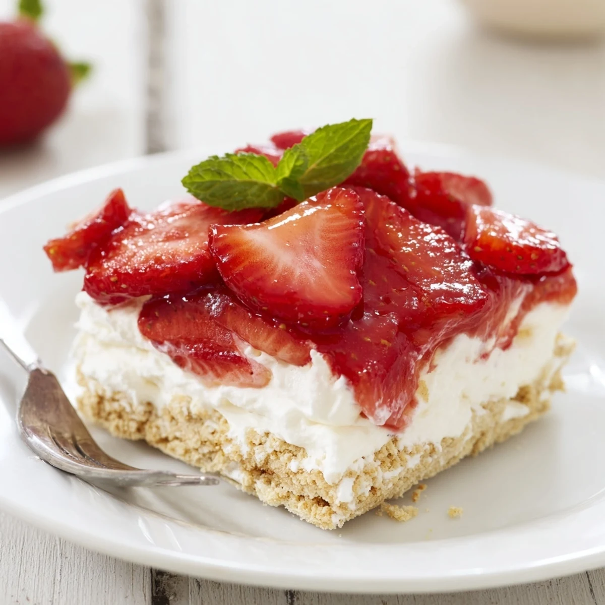 No Bake Strawberry Shortcake Dessert with juicy macerated berries and crunchy cookie base  