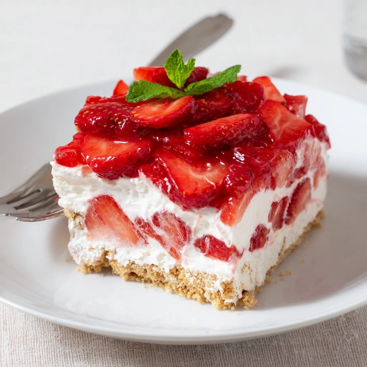 Slice of No Bake Strawberry Shortcake Dessert on plate, mint and syrup drizzle