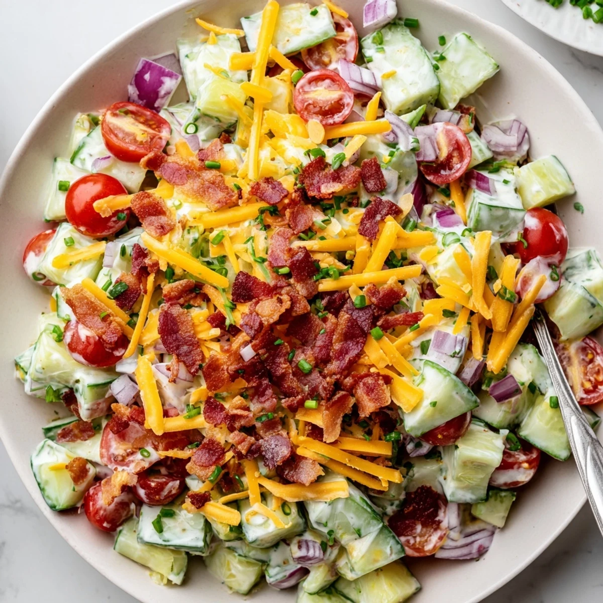 Cucumber Ranch Crack Salad with crispy bacon, cheddar, and crunchy chips glistening