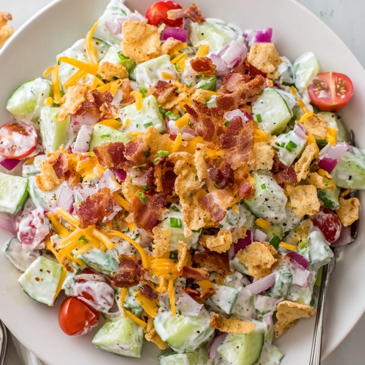 Potluck-ready Cucumber Ranch Crack Salad served cold, cool cucumbers, smoky bacon bites