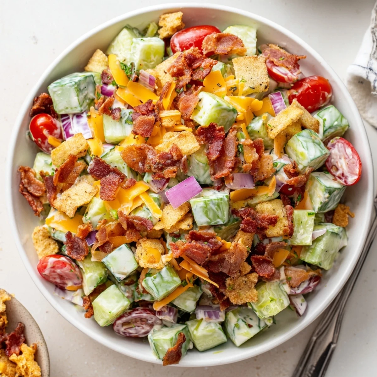 Creamy Cucumber Ranch Crack Salad tossed with chives, tomatoes, and crunchy topper