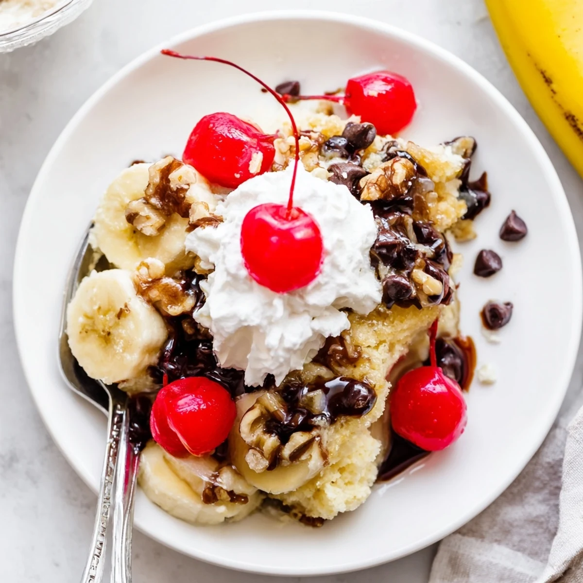 Warm Banana Split Dump Cake with cherries and chocolate chips, scoop optional