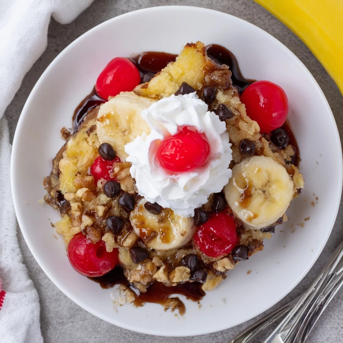 Banana Split Dump Cake bubbling golden, sliced bananas visible, ready with whipped cream