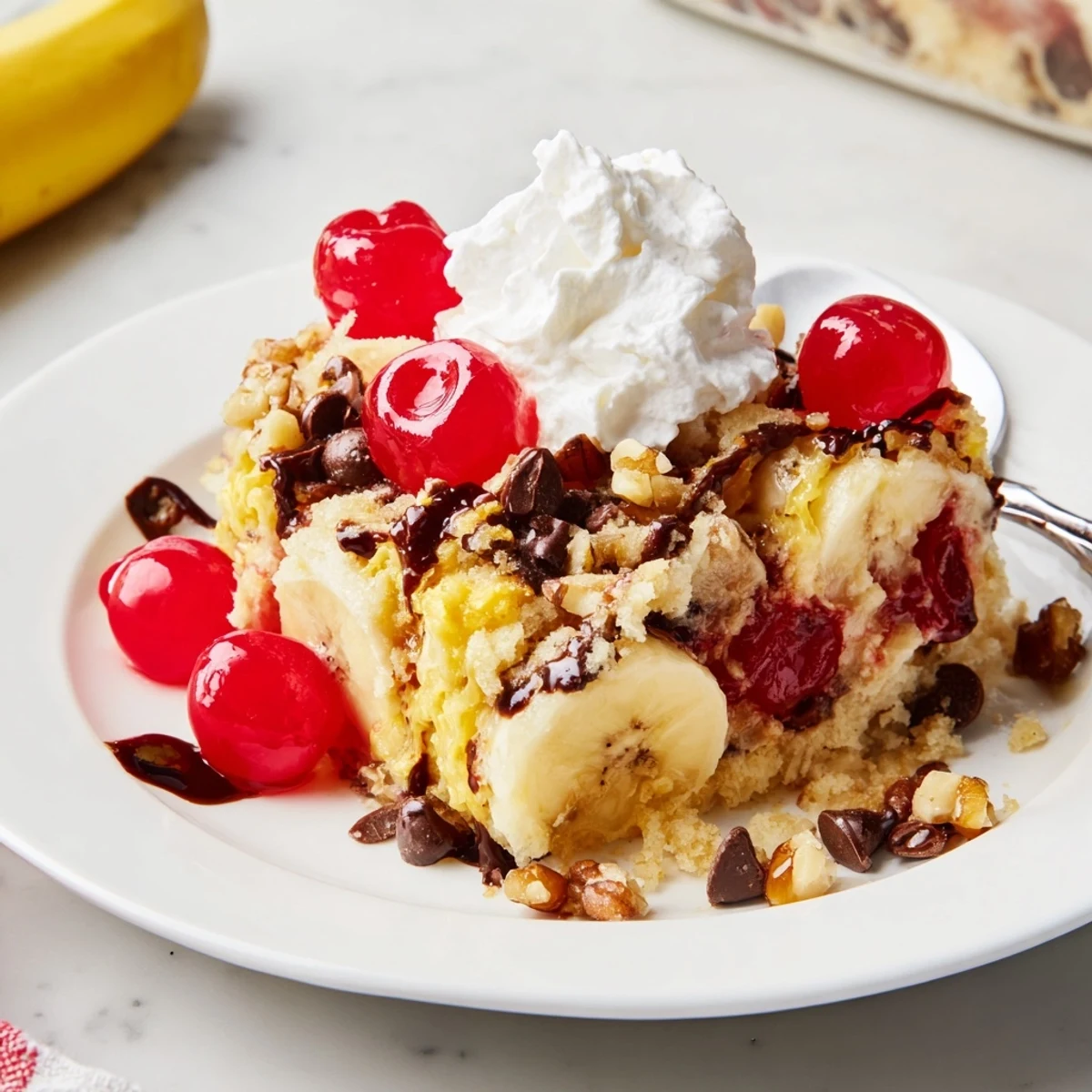 Homestyle Banana Split Dump Cake sliced, pineapple aroma, nuts sprinkled, ice cream ready