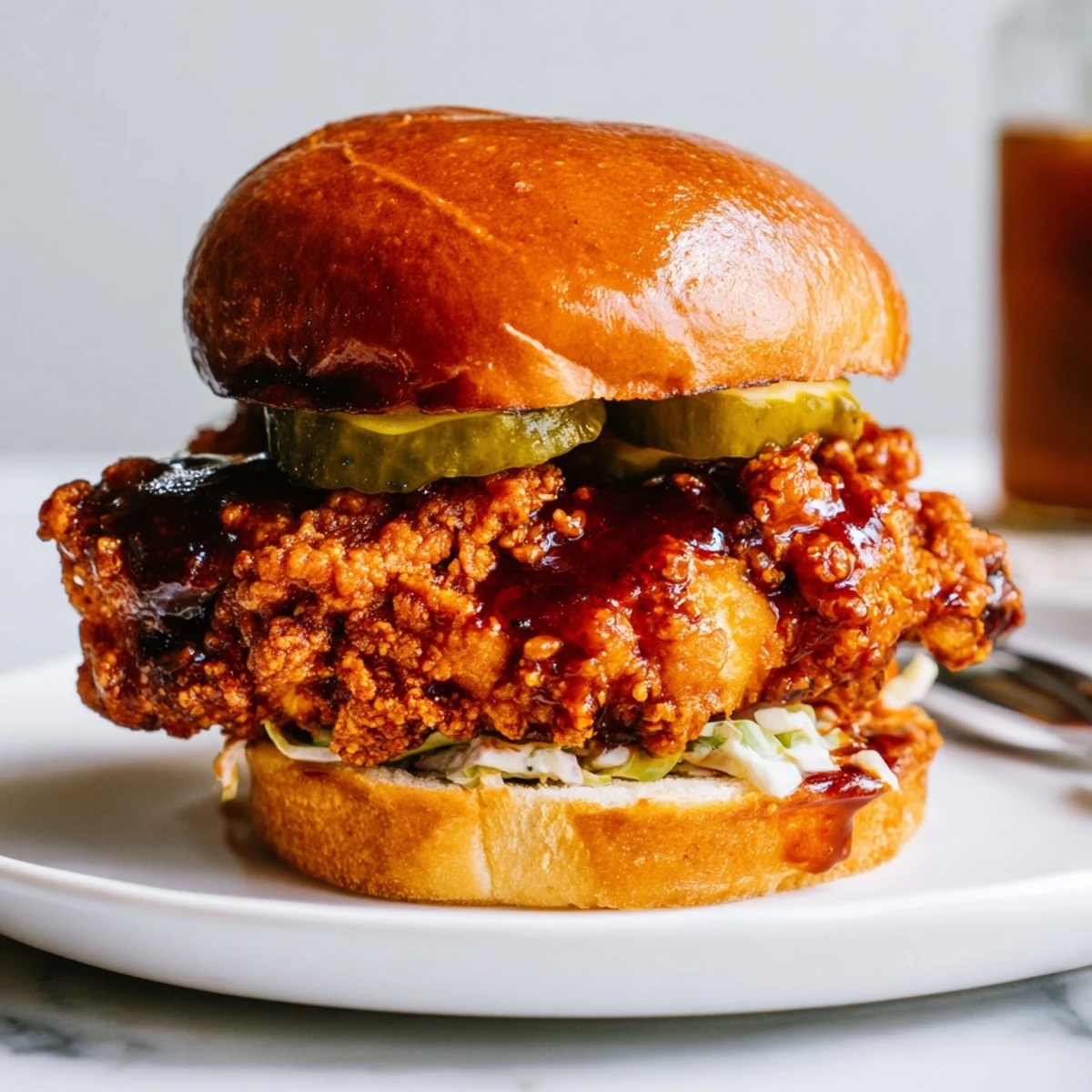 Spicy Nashville Hot Chicken Sandwiches on toasted brioche with crunchy pickles and slaw