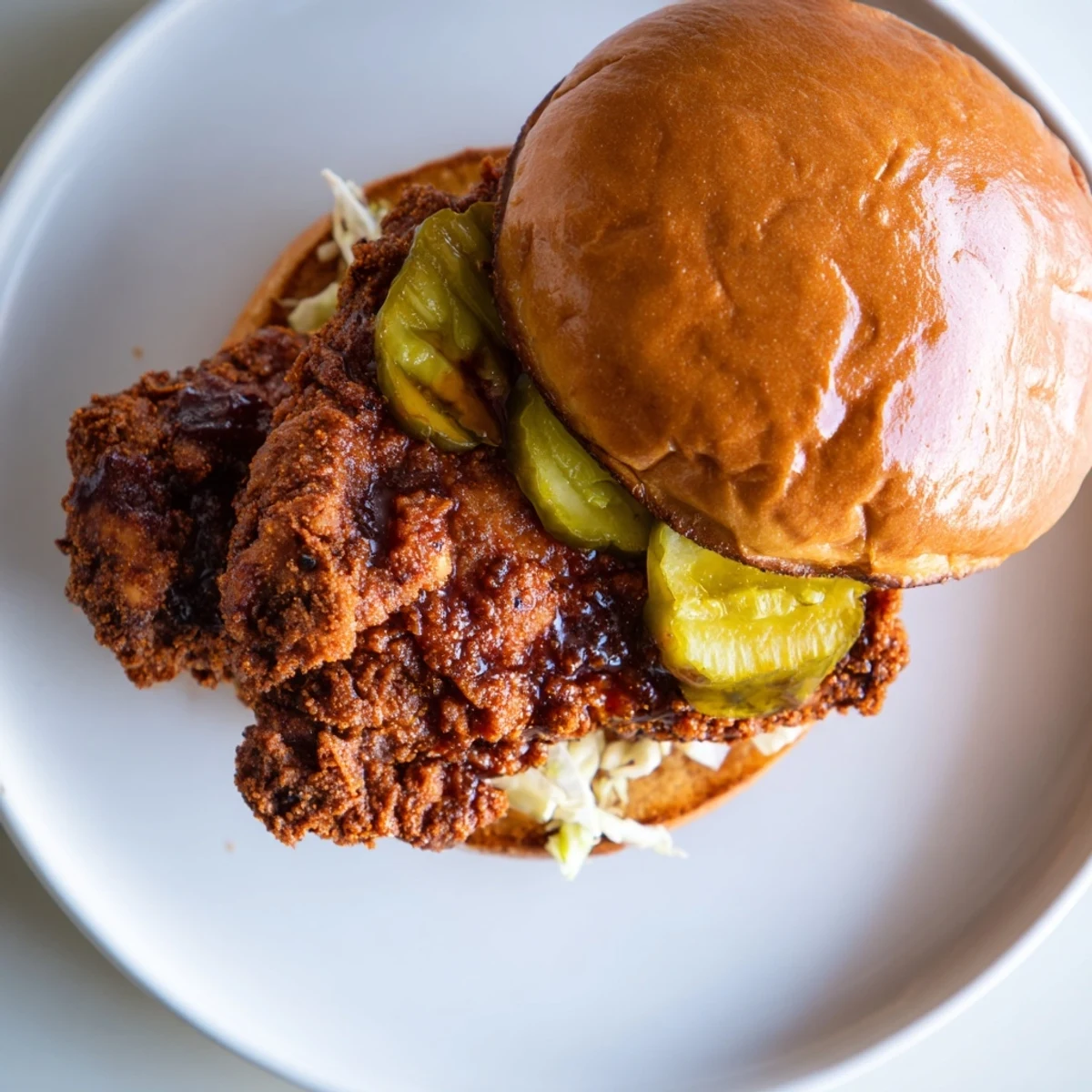 Stacked Spicy Nashville Hot Chicken Sandwiches served immediately with creamy slaw and tea