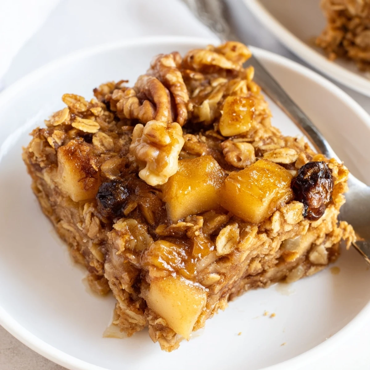 Bubbly golden top on Delicious Apple Cinnamon Oatmeal Bake Recipe For Mornings, spoon-ready.