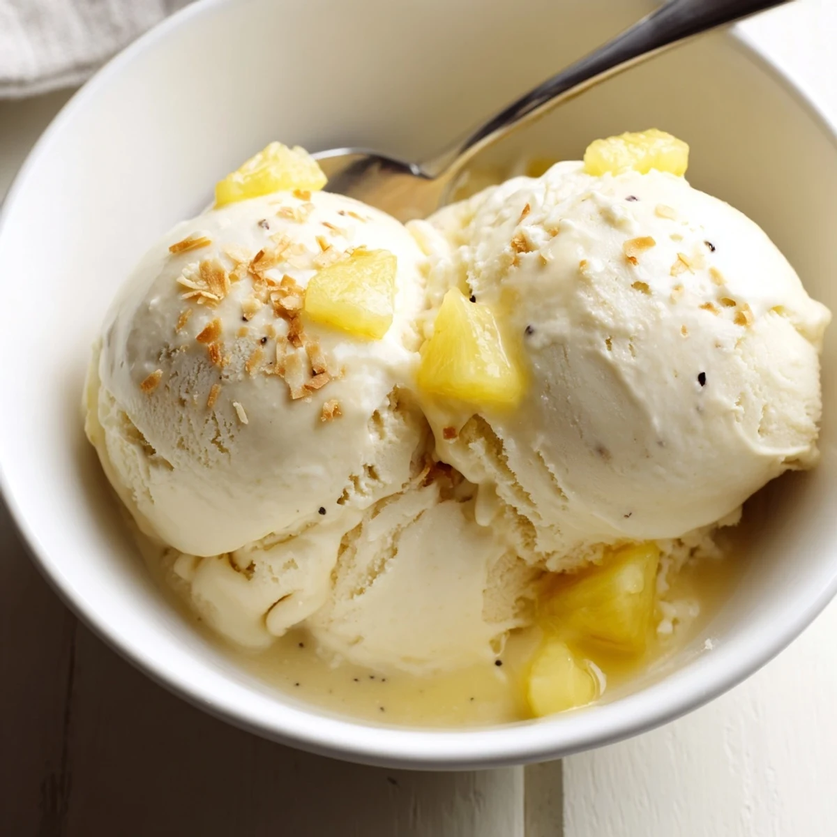 Creamy Pineapple Ice Cream scooped in bowl, tropical aroma and silky texture