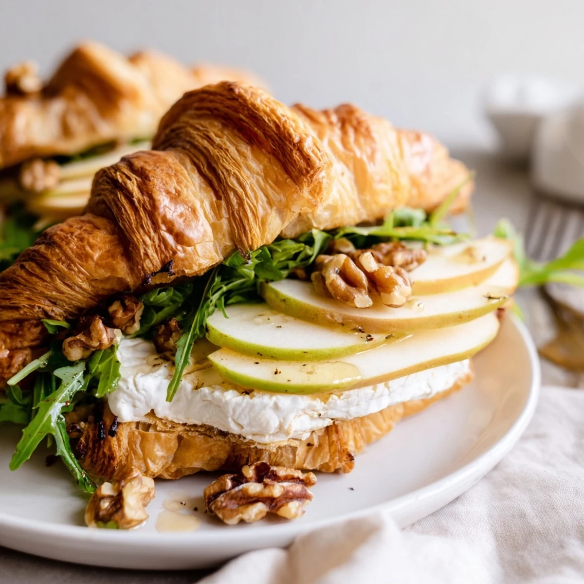Apple Goat Cheese Croissant Sandwich on flaky croissant, peppery arugula, honey drizzle