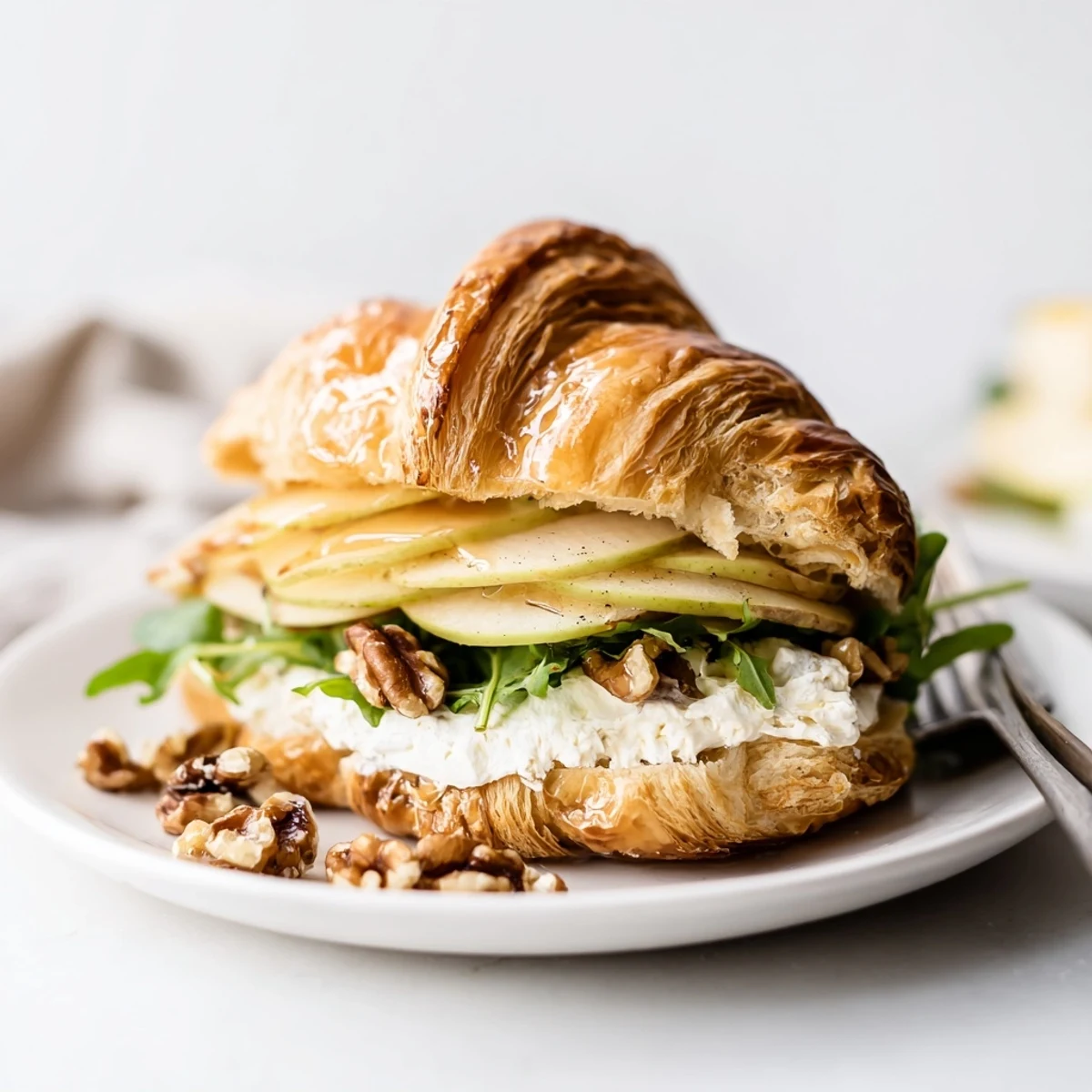 Apple Goat Cheese Croissant Sandwich served for brunch with arugula and walnut crunch