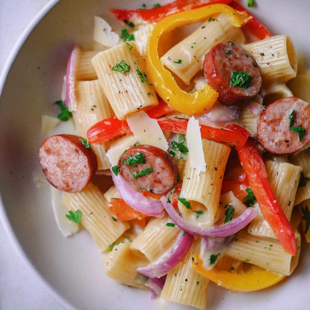 Cajun Sausage Pasta steaming in skillet with creamy sauce and charred peppers