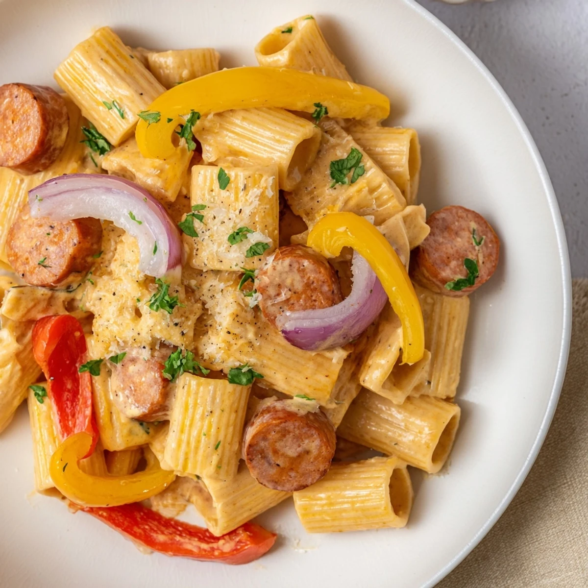 Creamy Cajun Sausage Pasta plated with grated Parmesan, colorful peppers, steaming