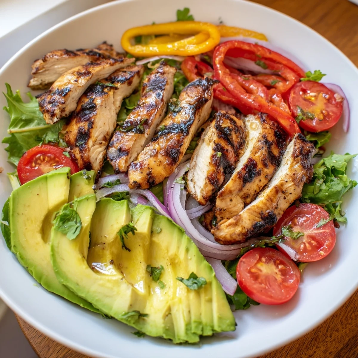 Grilled Chicken Fajita Salad Recipe with juicy strips, charred peppers, zesty lime