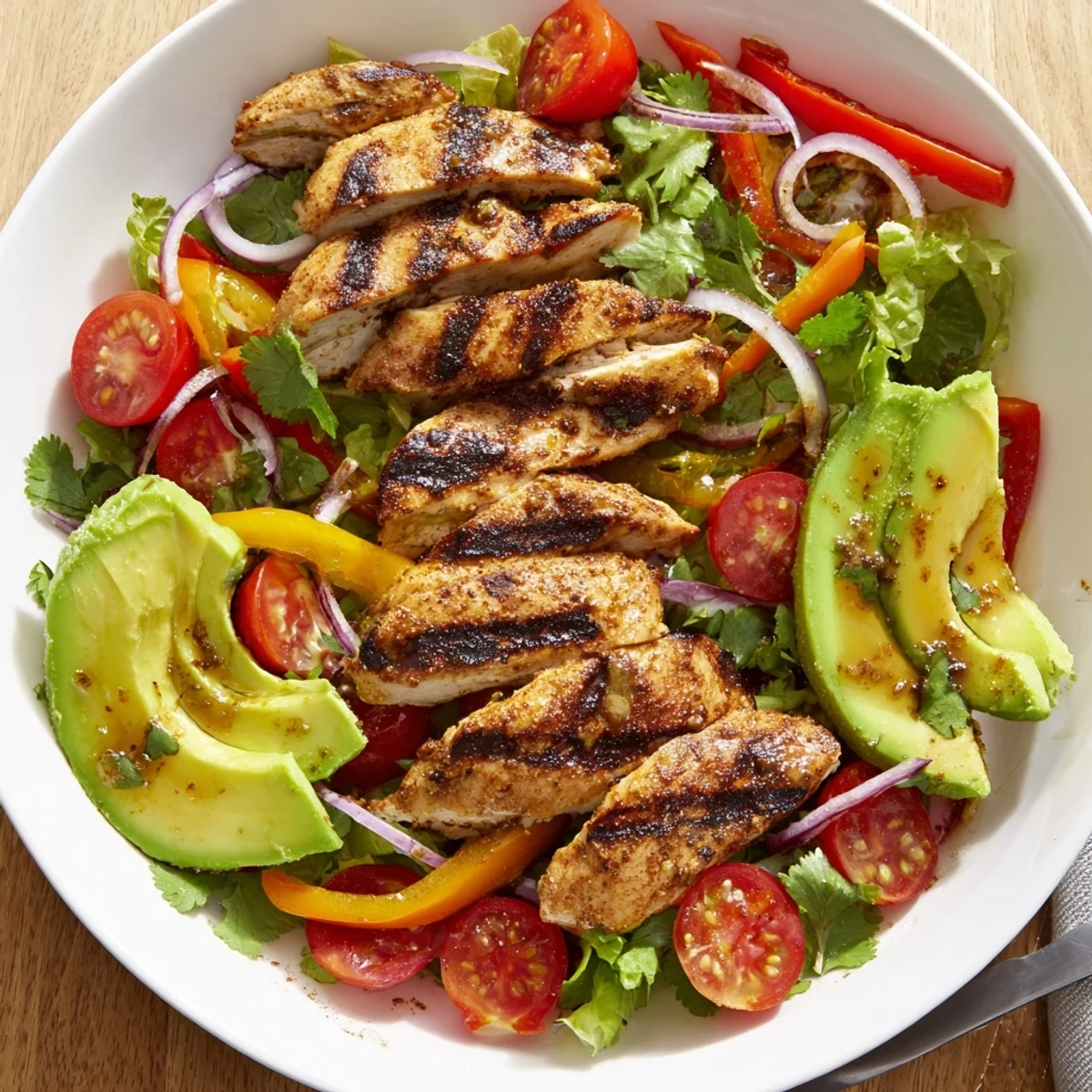 Bright Grilled Chicken Fajita Salad Recipe served warm over crisp mixed greens