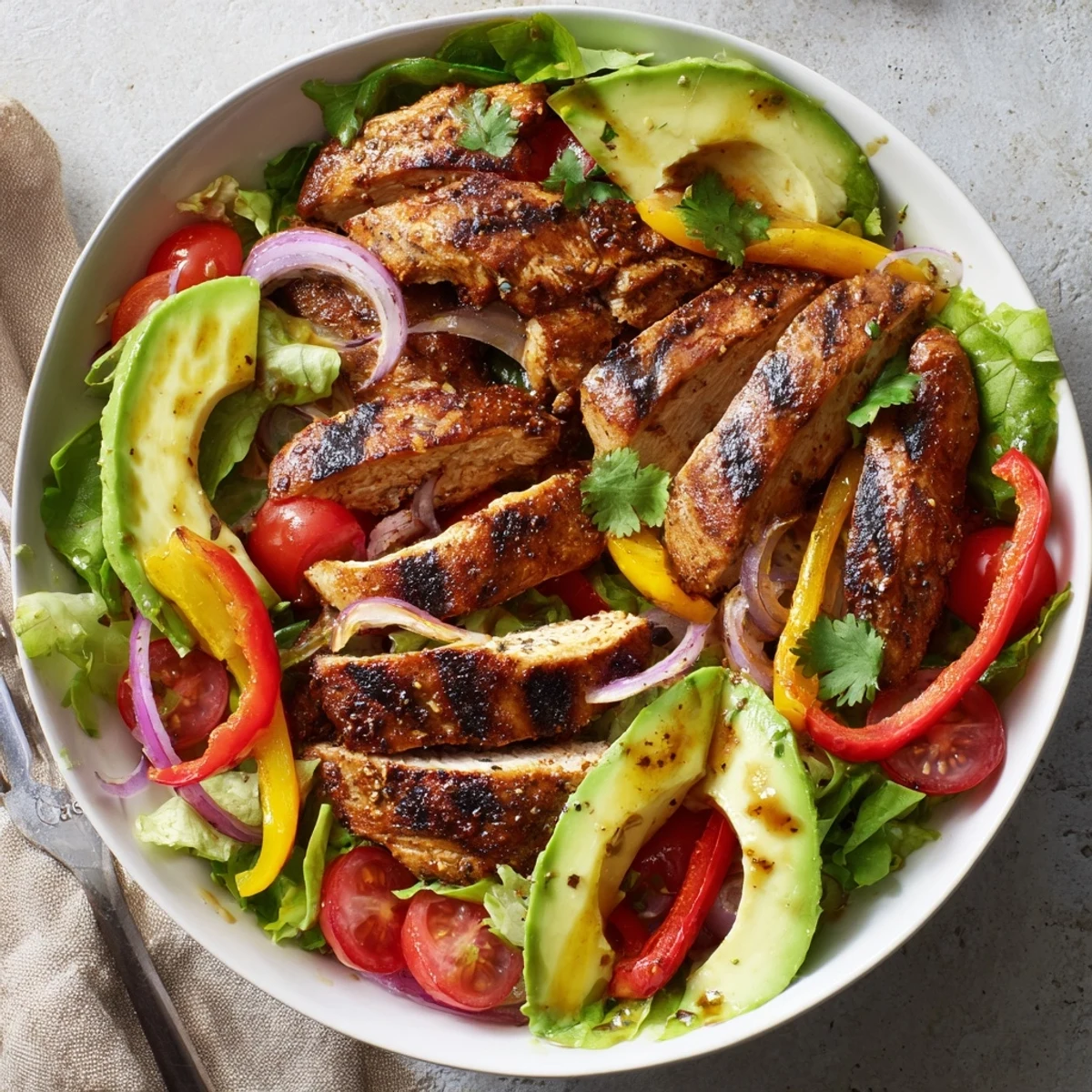 Weeknight Grilled Chicken Fajita Salad Recipe: smoky chicken, creamy avocado, tangy dressing