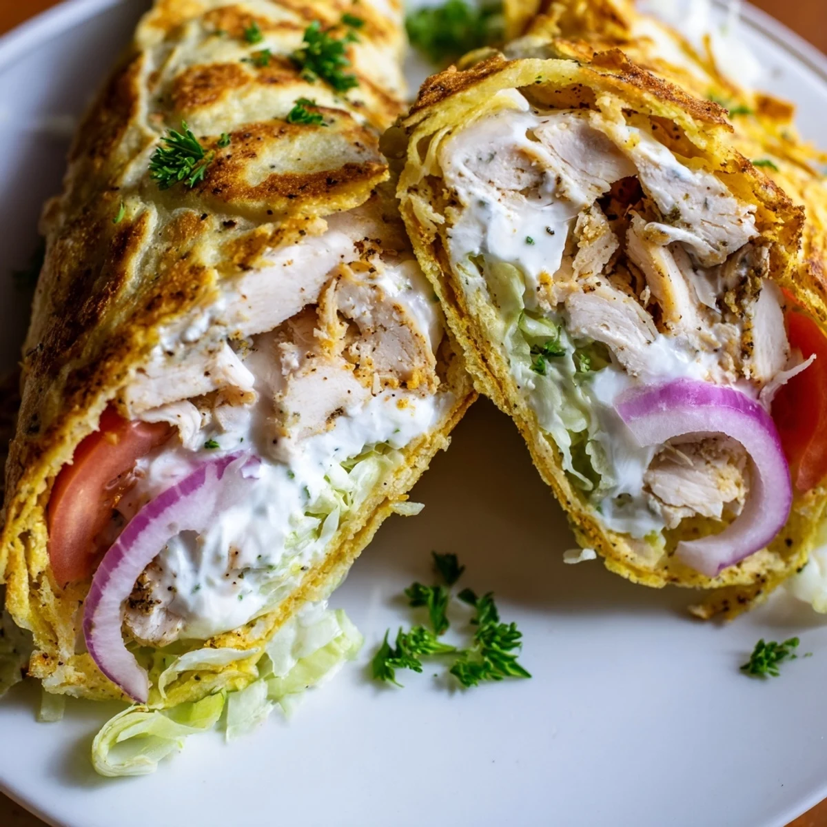 High Protein Crispy Cottage Cheese Flatbread Chicken Wraps rolled tightly with crisp lettuce