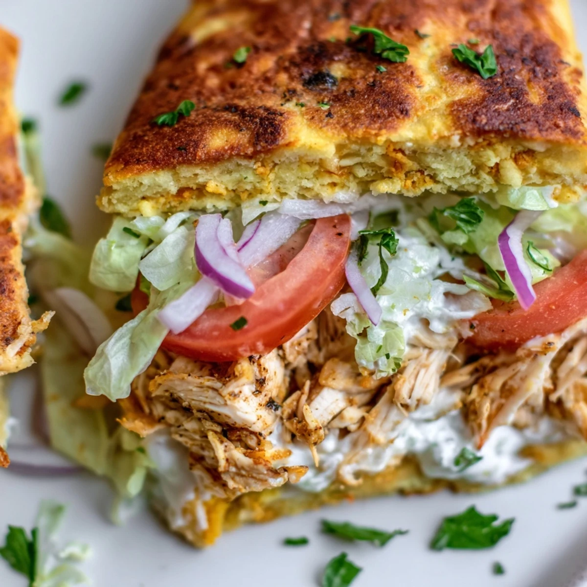 High Protein Crispy Cottage Cheese Flatbread Chicken Wraps served warm with juicy chicken