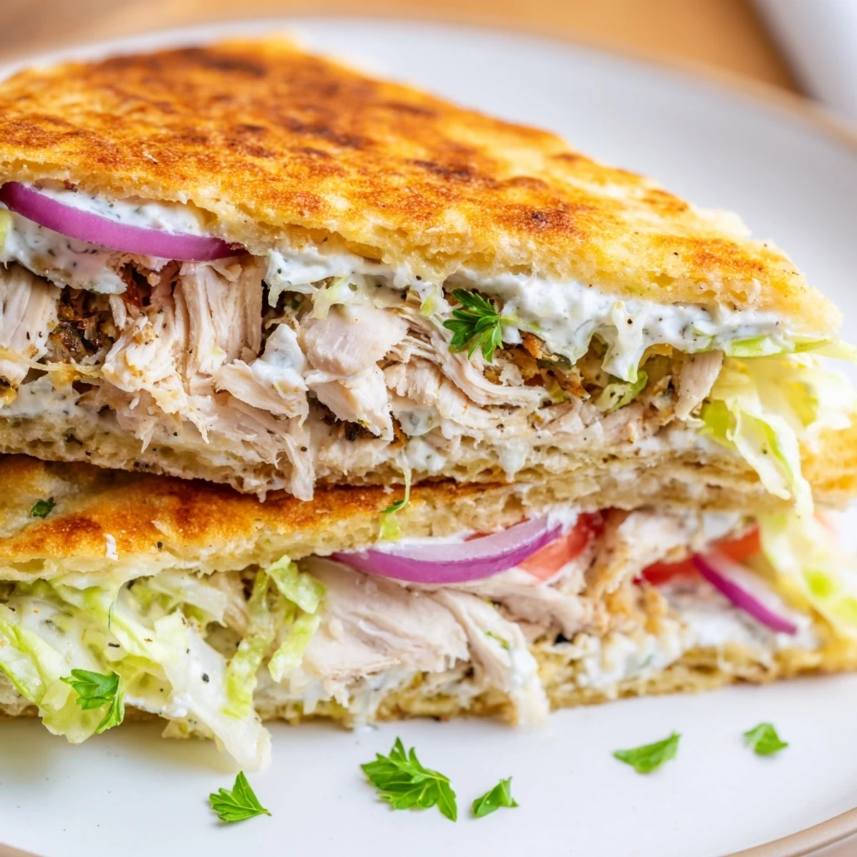 Warm High Protein Crispy Cottage Cheese Flatbread Chicken Wraps sliced in half, yogurt drizzle