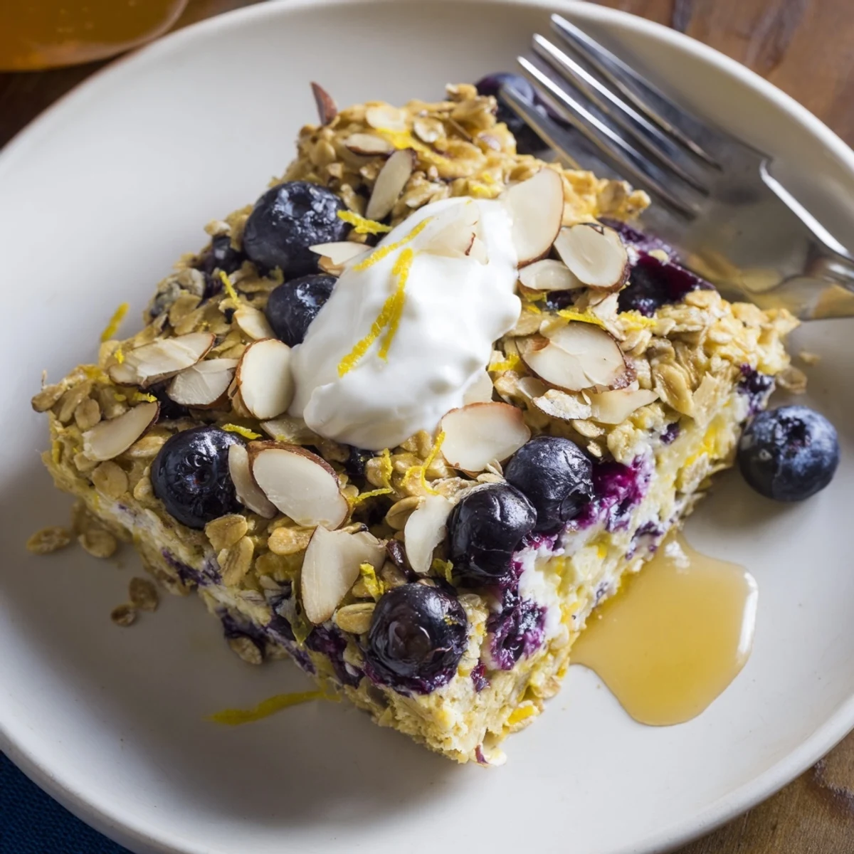 Warm High Protein Lemon Blueberry Breakfast Bake sliced, tangy lemon aroma.
