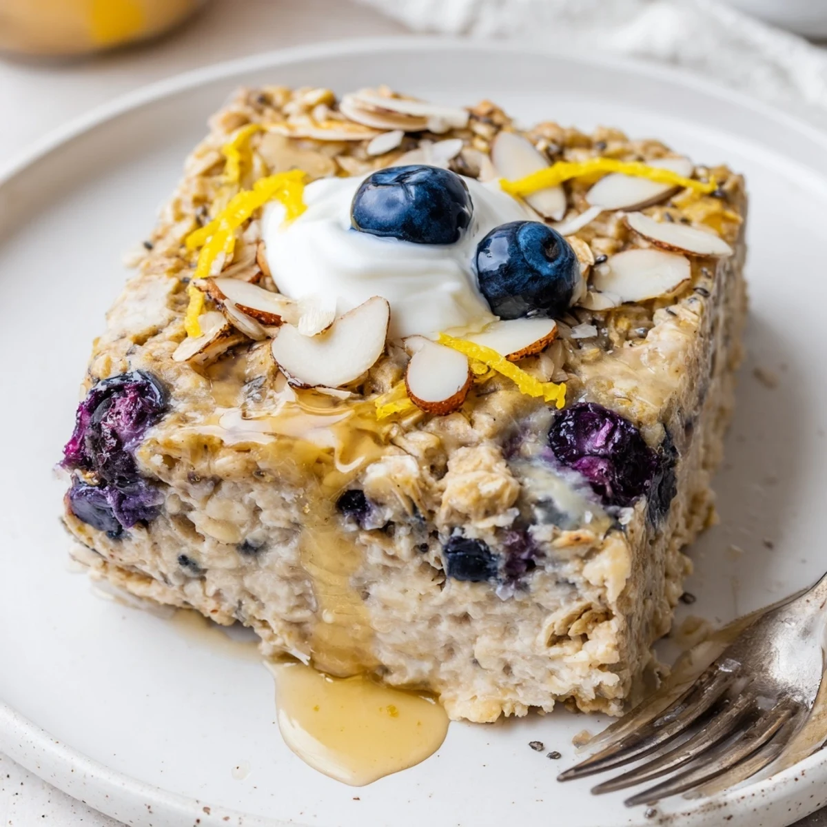 Served with yogurt, High Protein Lemon Blueberry Breakfast Bake offers moist texture.