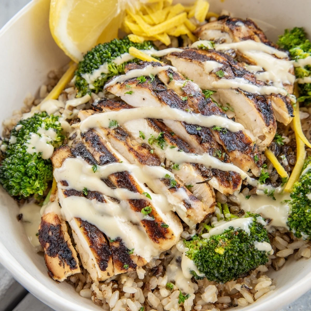 Healthy Grilled Chicken Broccoli Bowls With Creamy Garlic Sauce, sliced chicken, bright steamed broccoli.