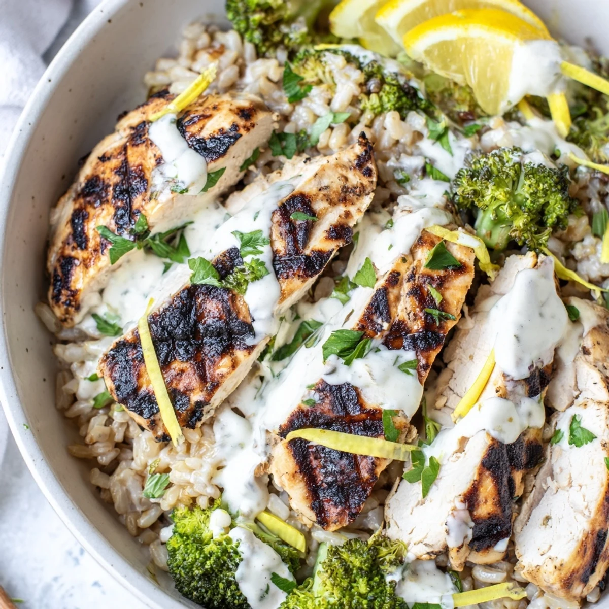 Warm grains, steamed broccoli beneath Healthy Grilled Chicken Broccoli Bowls With Creamy Garlic Sauce.