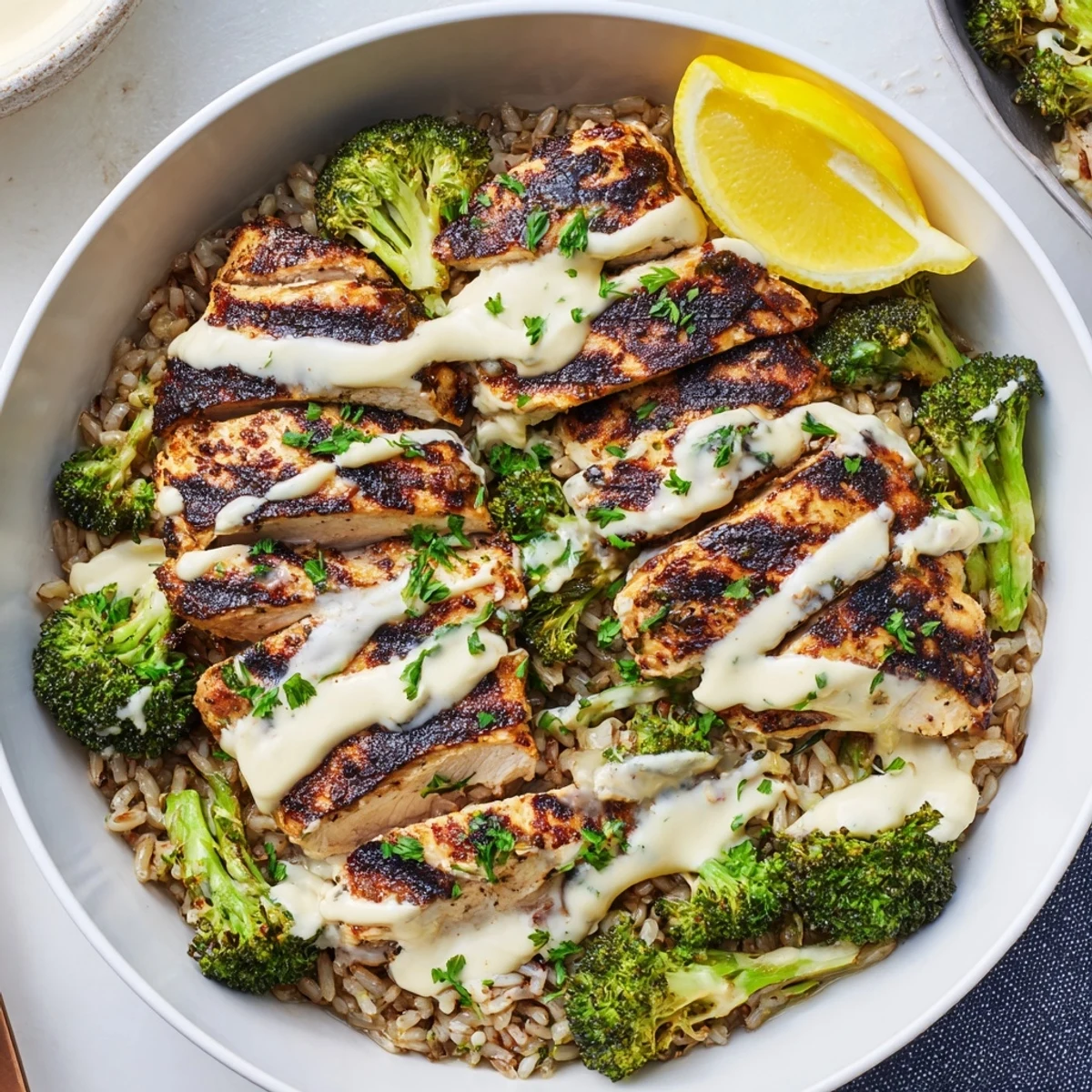 Charred slices, lemon, parsley top Healthy Grilled Chicken Broccoli Bowls With Creamy Garlic Sauce.