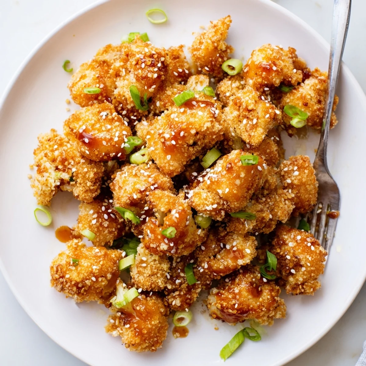 Sticky Honey Garlic Cauliflower, oven-baked golden florets glazed in shiny honey-garlic sauce.